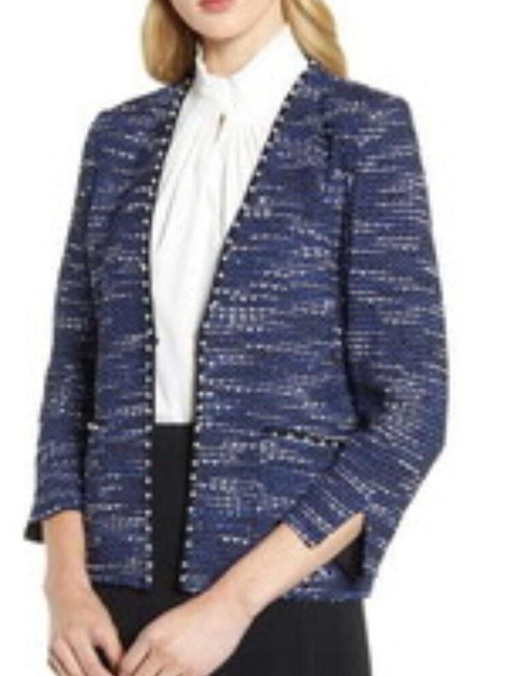 Ming Wang Blue Pearl-Trim Open Knit Cardigan Jacket (S)